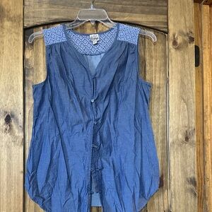 Como Vintage Denim Blue Lace Shoulder Blouse